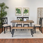 Roundhill Furniture Arroyo Dining Set, Hairpin Dining Table with 4 Cross-back Chairs and Bench, Rich Black, 6-Piece