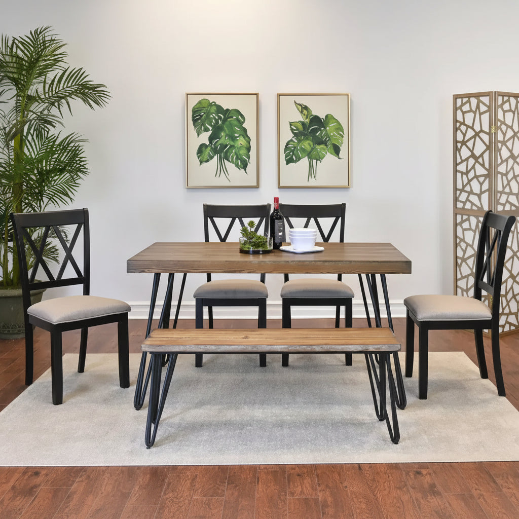 Roundhill Furniture Arroyo Dining Set, Hairpin Dining Table with 4 Cross-back Chairs and Bench, Rich Black, 6-Piece