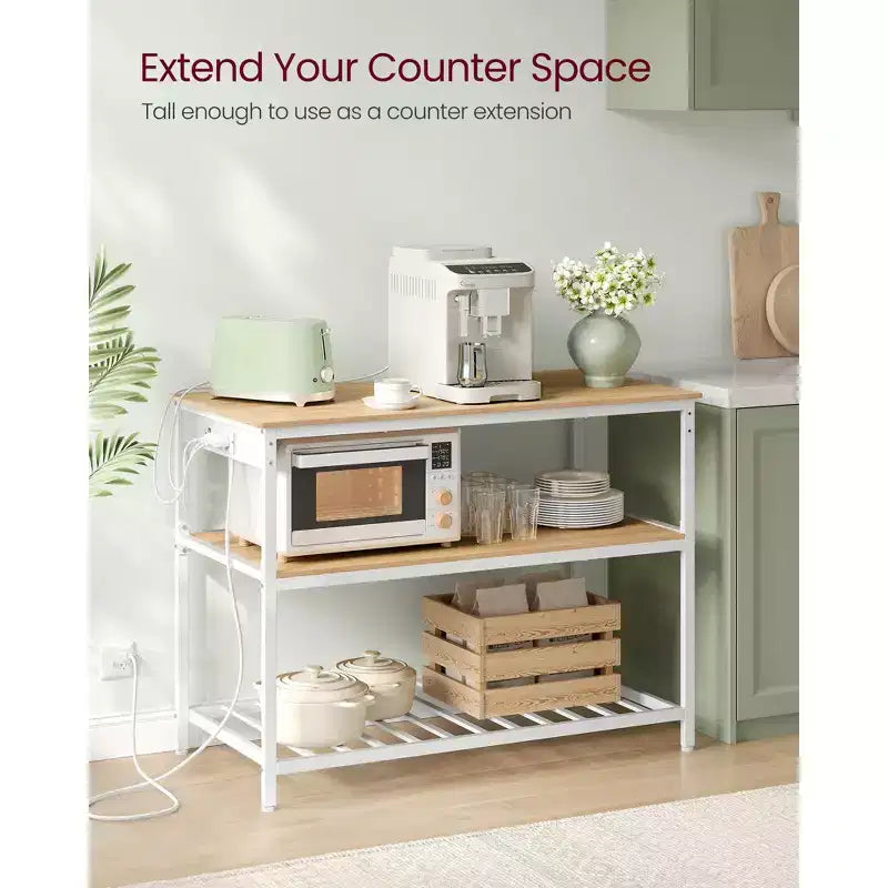 Isola da Cucina con 3 Ripiani, Scaffale da Cucina Largo 120 cm con Presa Elettrica, Ampio Piano di Lavoro, Struttura Stabile in Acciaio