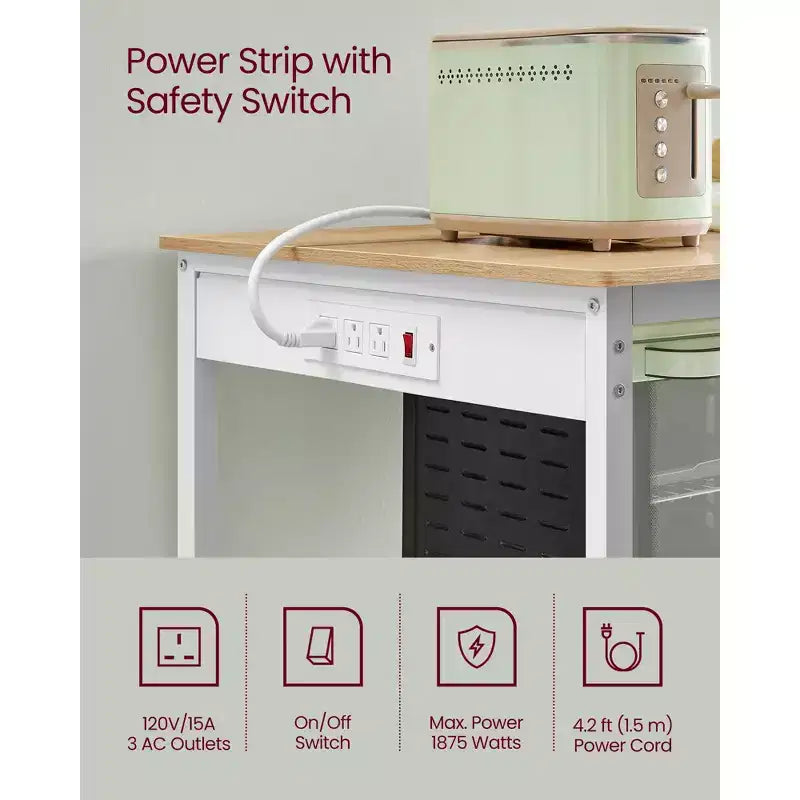 Isola da Cucina con 3 Ripiani, Scaffale da Cucina Largo 120 cm con Presa Elettrica, Ampio Piano di Lavoro, Struttura Stabile in Acciaio