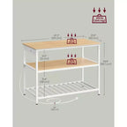 Isola da Cucina con 3 Ripiani, Scaffale da Cucina Largo 120 cm con Presa Elettrica, Ampio Piano di Lavoro, Struttura Stabile in Acciaio