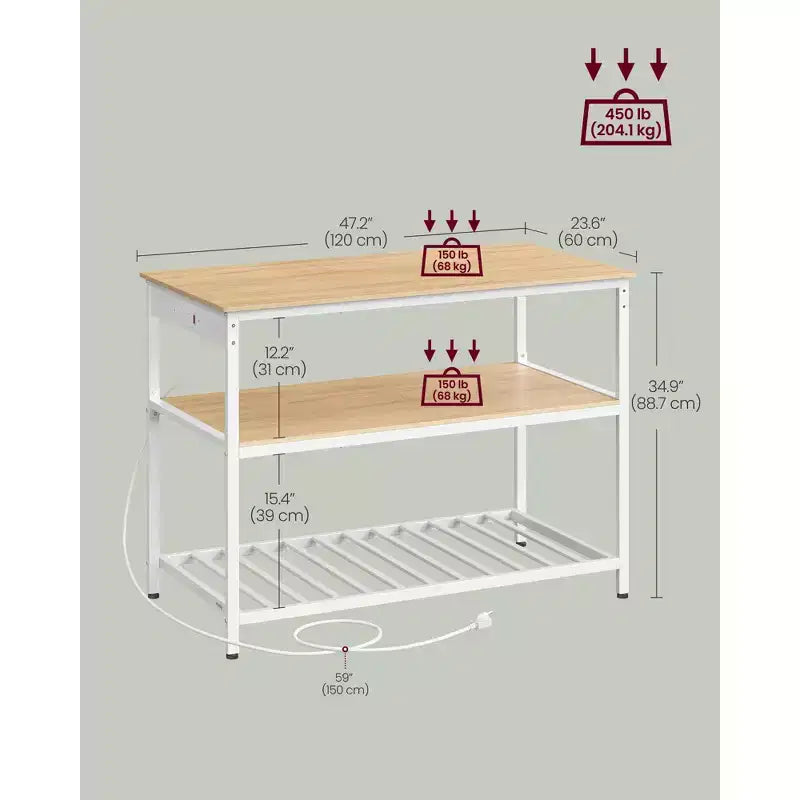 Isola da Cucina con 3 Ripiani, Scaffale da Cucina Largo 120 cm con Presa Elettrica, Ampio Piano di Lavoro, Struttura Stabile in Acciaio