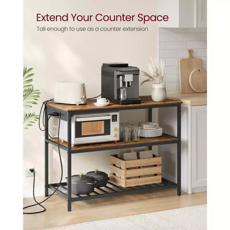 Isola da Cucina con 3 Ripiani, Scaffale da Cucina Largo 120 cm con Presa Elettrica, Ampio Piano di Lavoro, Struttura Stabile in Acciaio