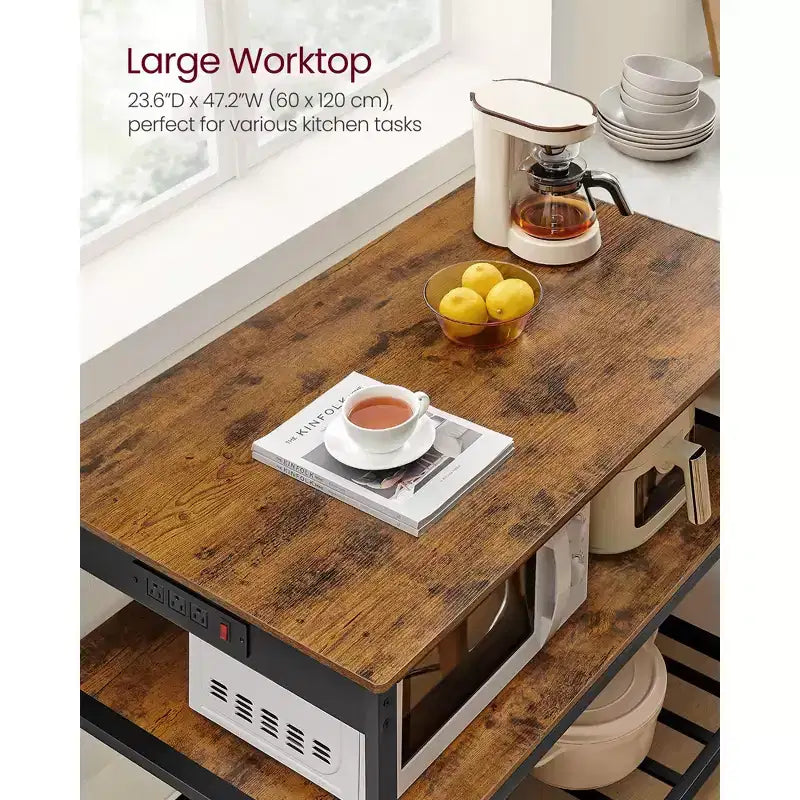 Isola da Cucina con 3 Ripiani, Scaffale da Cucina Largo 120 cm con Presa Elettrica, Ampio Piano di Lavoro, Struttura Stabile in Acciaio