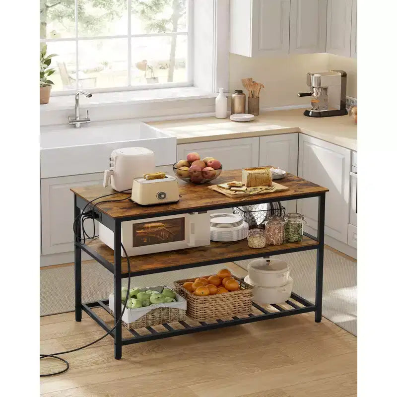 Isola da Cucina con 3 Ripiani, Scaffale da Cucina Largo 120 cm con Presa Elettrica, Ampio Piano di Lavoro, Struttura Stabile in Acciaio