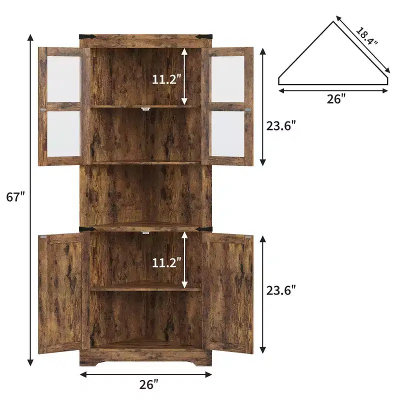 Pensile angolare alto 170 cm con luci, credenza angolare in legno stile rustico con ante in vetro, per cucina, soggiorno, bagno