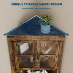 Pensile angolare alto 170 cm con luci, credenza angolare in legno stile rustico con ante in vetro, per cucina, soggiorno, bagno
