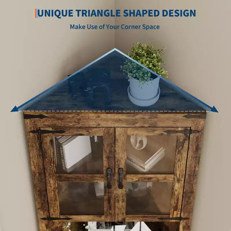 Pensile angolare alto 170 cm con luci, credenza angolare in legno stile rustico con ante in vetro, per cucina, soggiorno, bagno
