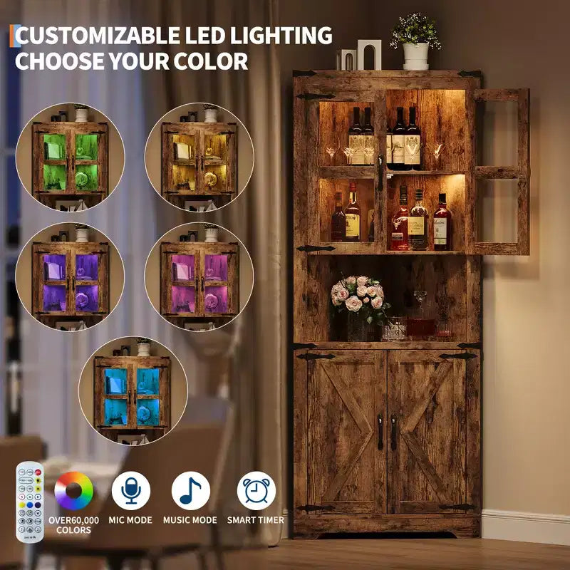 Pensile angolare alto 170 cm con luci, credenza angolare in legno stile rustico con ante in vetro, per cucina, soggiorno, bagno