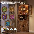 Pensile angolare alto 170 cm con luci, credenza angolare in legno stile rustico con ante in vetro, per cucina, soggiorno, bagno