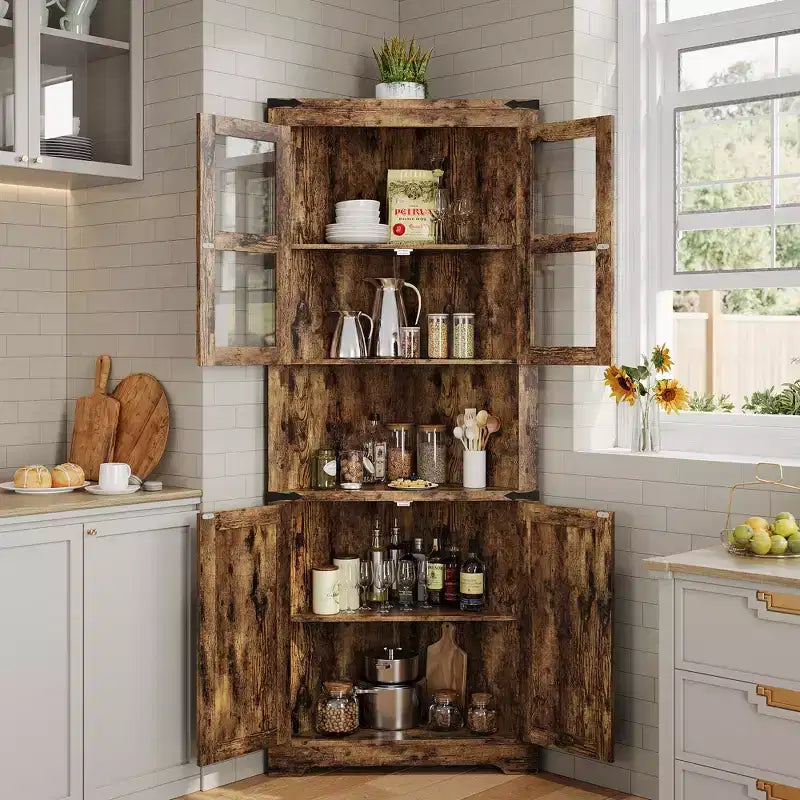 Pensile angolare alto 170 cm con luci, credenza angolare in legno stile rustico con ante in vetro, per cucina, soggiorno, bagno