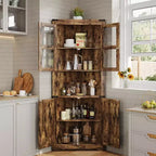 Pensile angolare alto 170 cm con luci, credenza angolare in legno stile rustico con ante in vetro, per cucina, soggiorno, bagno