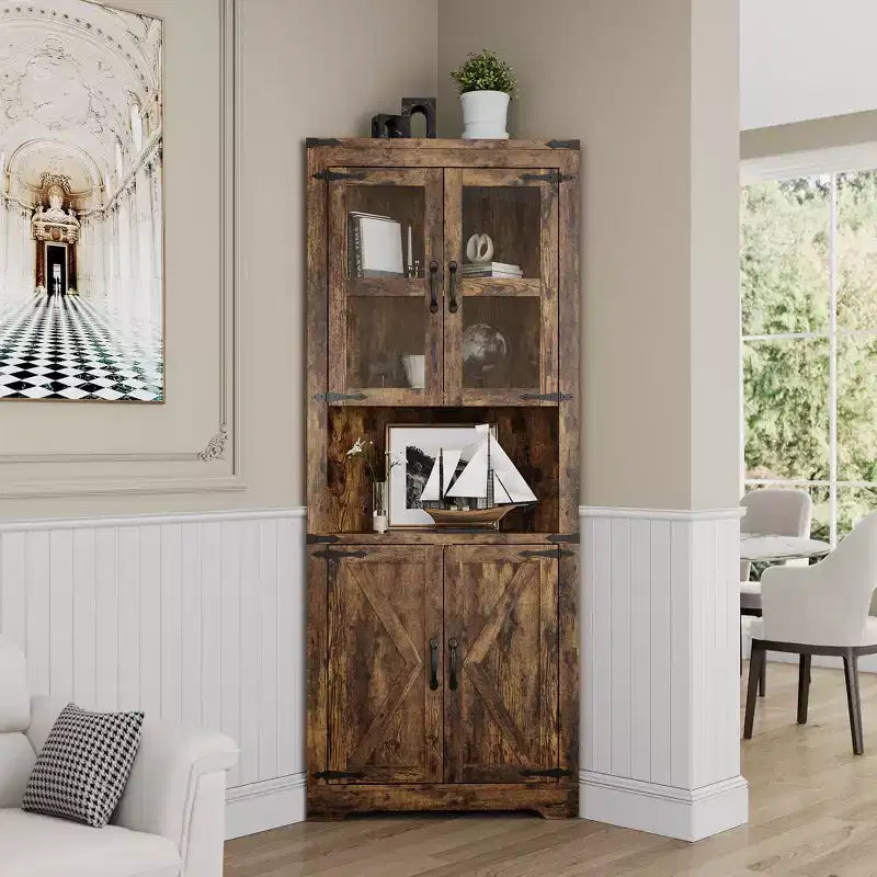 Pensile angolare alto 170 cm con luci, credenza angolare in legno stile rustico con ante in vetro, per cucina, soggiorno, bagno