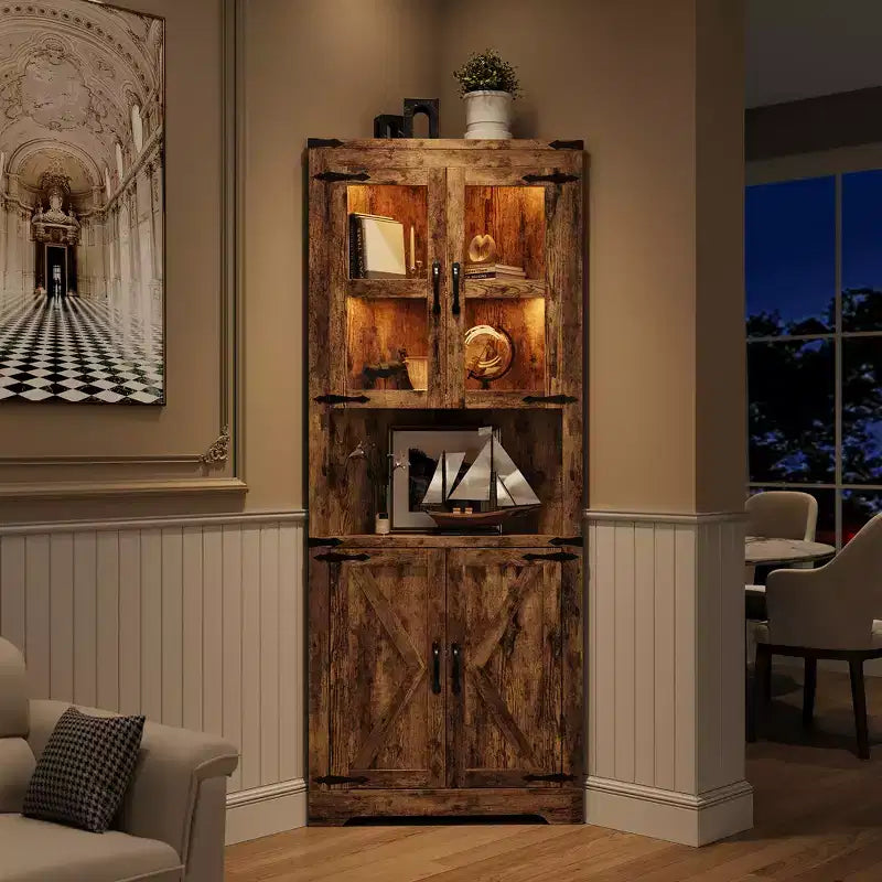 Pensile angolare alto 170 cm con luci, credenza angolare in legno stile rustico con ante in vetro, per cucina, soggiorno, bagno