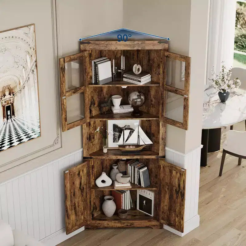 Pensile angolare alto 170 cm con luci, credenza angolare in legno stile rustico con ante in vetro, per cucina, soggiorno, bagno