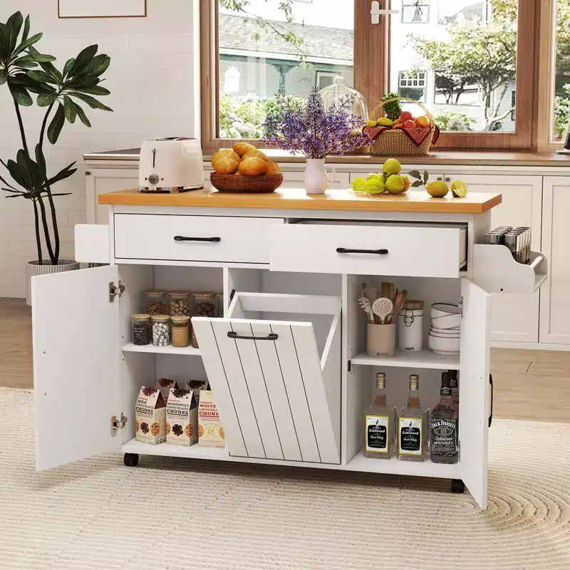 Carrello da Cucina con Isola, Carrello da Cucina con Cestino Basculante, Tavolo con Isola Bianco/Nero