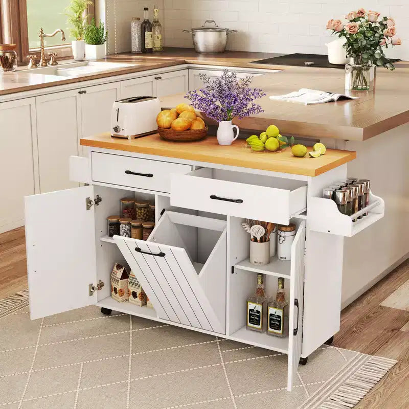 Carrello da Cucina con Isola, Carrello da Cucina con Cestino Basculante, Tavolo con Isola Bianco/Nero