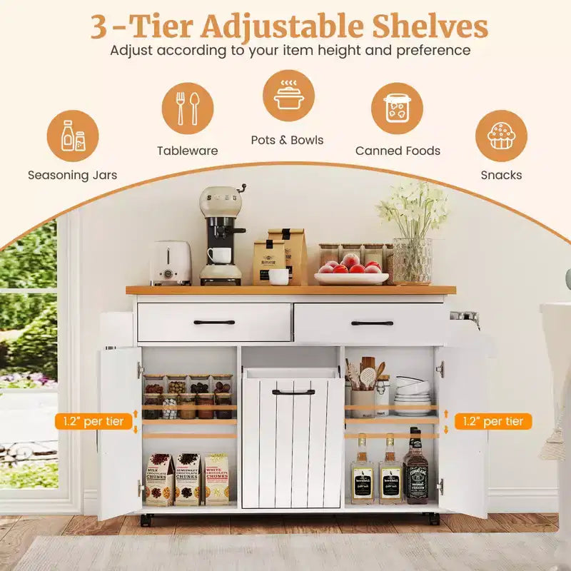 Carrello da Cucina con Isola, Carrello da Cucina con Cestino Basculante, Tavolo con Isola Bianco/Nero