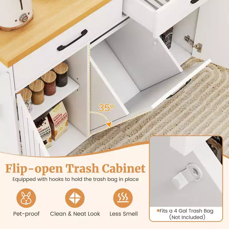 Carrello da Cucina con Isola, Carrello da Cucina con Cestino Basculante, Tavolo con Isola Bianco/Nero