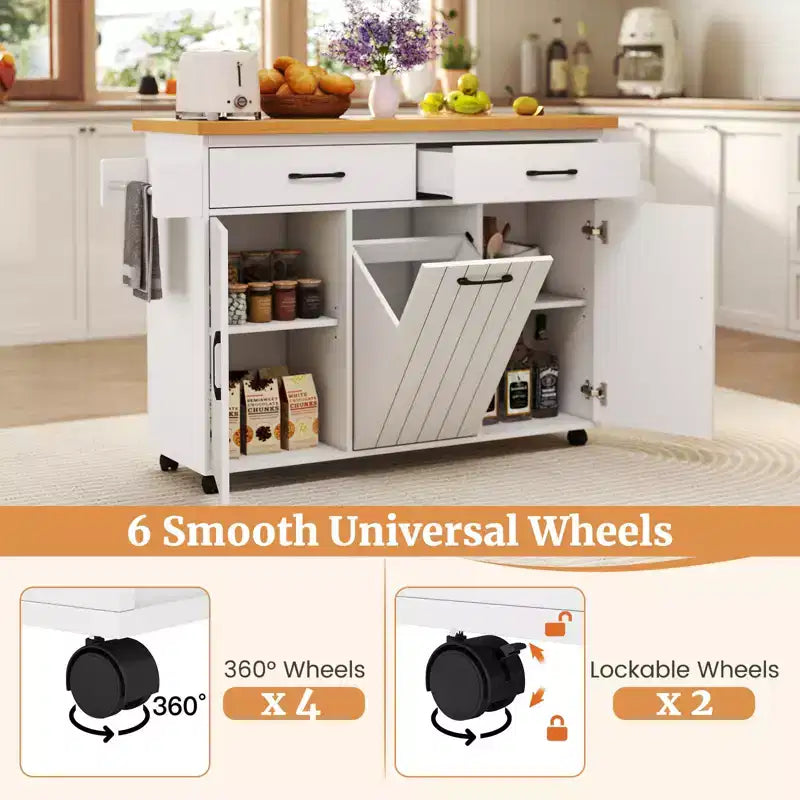 Carrello da Cucina con Isola, Carrello da Cucina con Cestino Basculante, Tavolo con Isola Bianco/Nero