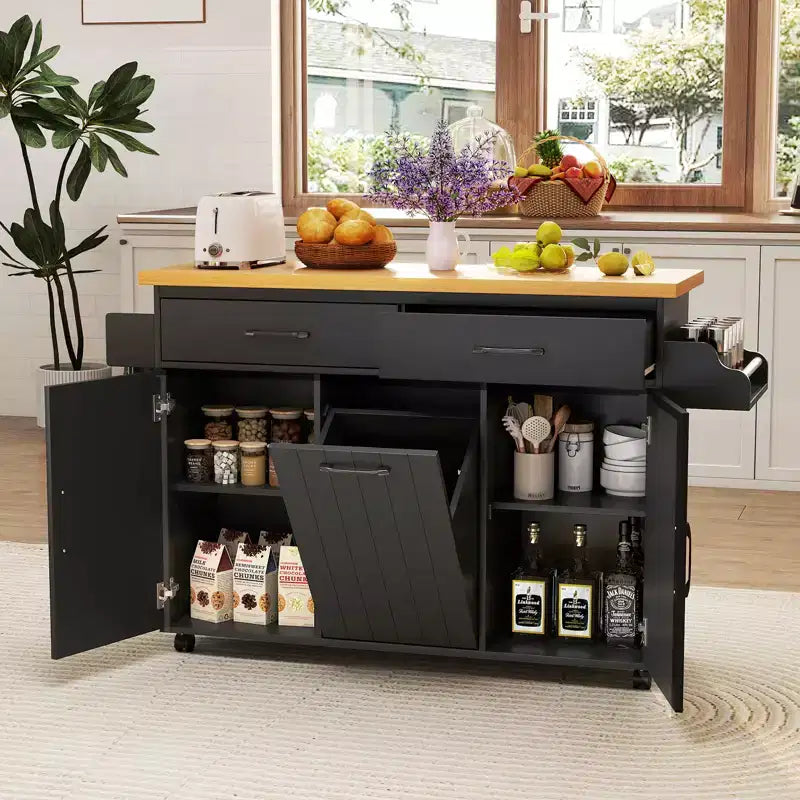 Carrello da Cucina con Isola, Carrello da Cucina con Cestino Basculante, Tavolo con Isola Bianco/Nero