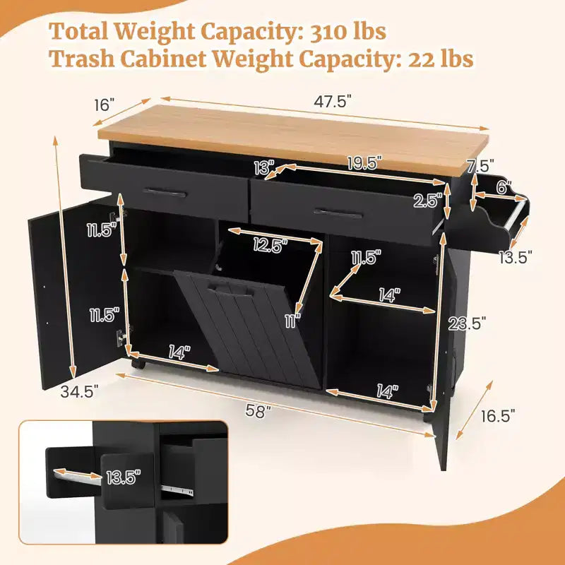 Carrello da Cucina con Isola, Carrello da Cucina con Cestino Basculante, Tavolo con Isola Bianco/Nero