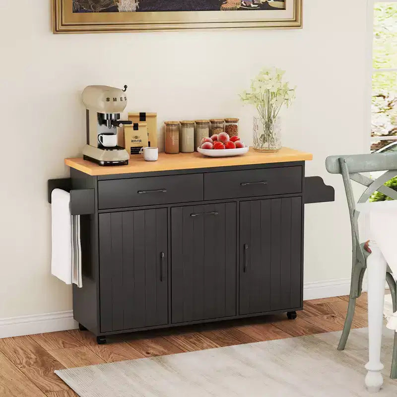 Carrello da Cucina con Isola, Carrello da Cucina con Cestino Basculante, Tavolo con Isola Bianco/Nero