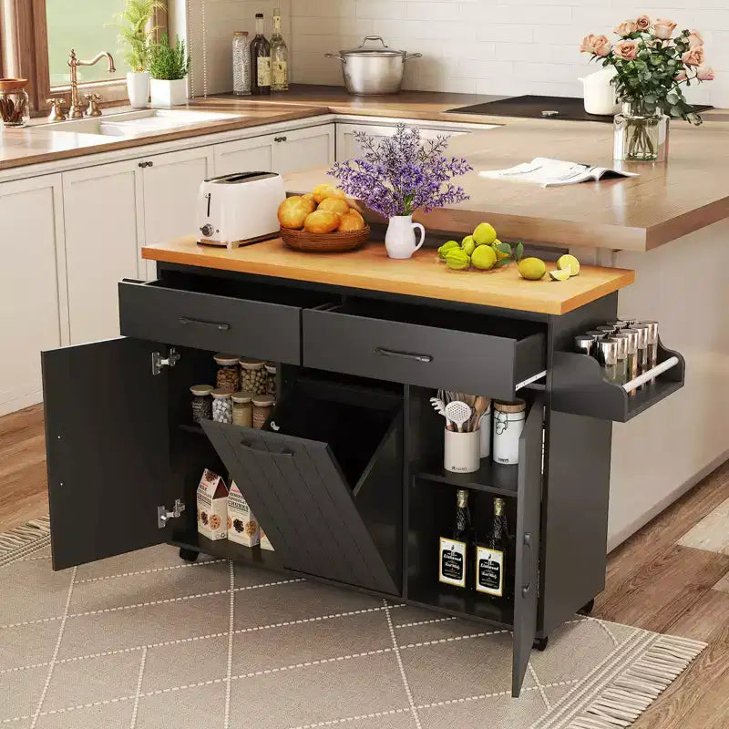 Carrello da Cucina con Isola, Carrello da Cucina con Cestino Basculante, Tavolo con Isola Bianco/Nero