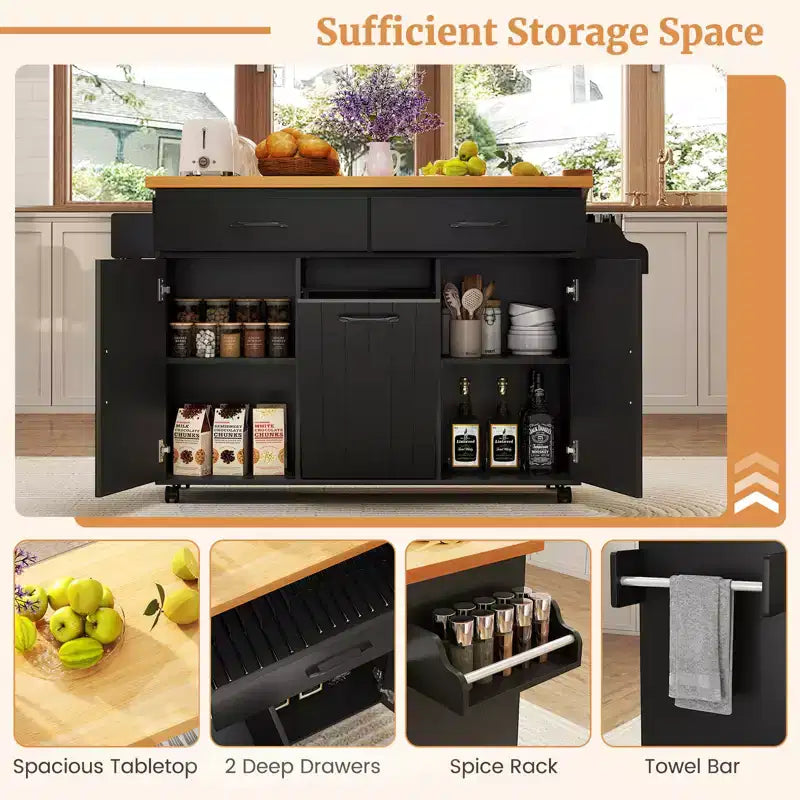 Carrello da Cucina con Isola, Carrello da Cucina con Cestino Basculante, Tavolo con Isola Bianco/Nero