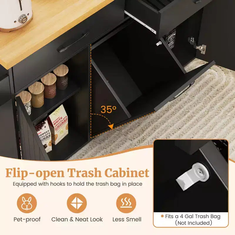 Carrello da Cucina con Isola, Carrello da Cucina con Cestino Basculante, Tavolo con Isola Bianco/Nero