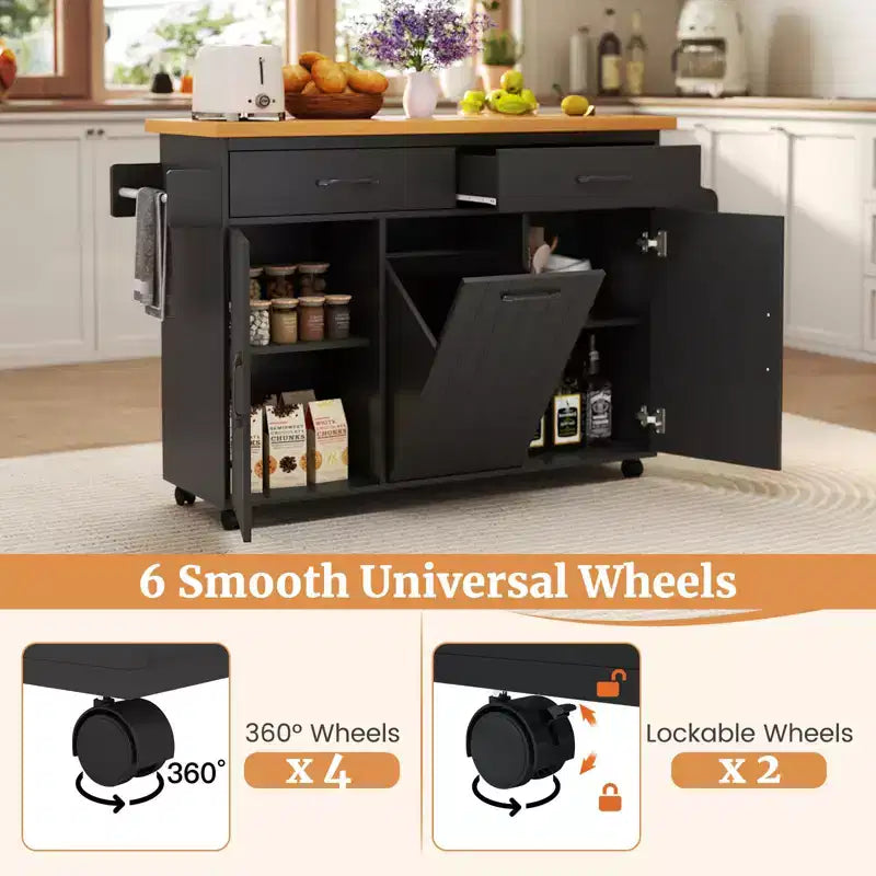 Carrello da Cucina con Isola, Carrello da Cucina con Cestino Basculante, Tavolo con Isola Bianco/Nero