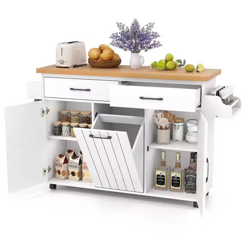 Carrello da Cucina con Isola, Carrello da Cucina con Cestino Basculante, Tavolo con Isola Bianco/Nero