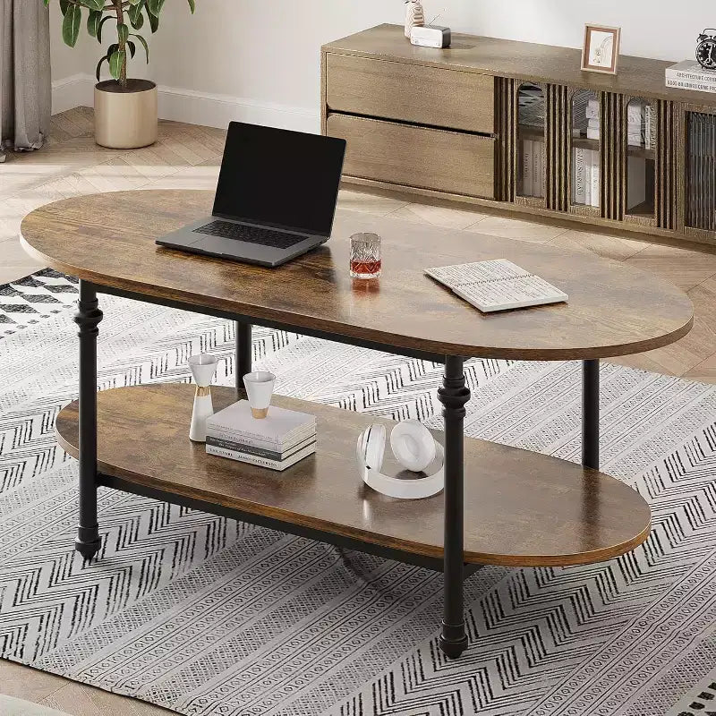 Tavolino da salotto, tavolino ovale a 2 livelli in legno con gambe in metallo a colonna romana e ripiano aperto, tavolino da cocktail industriale