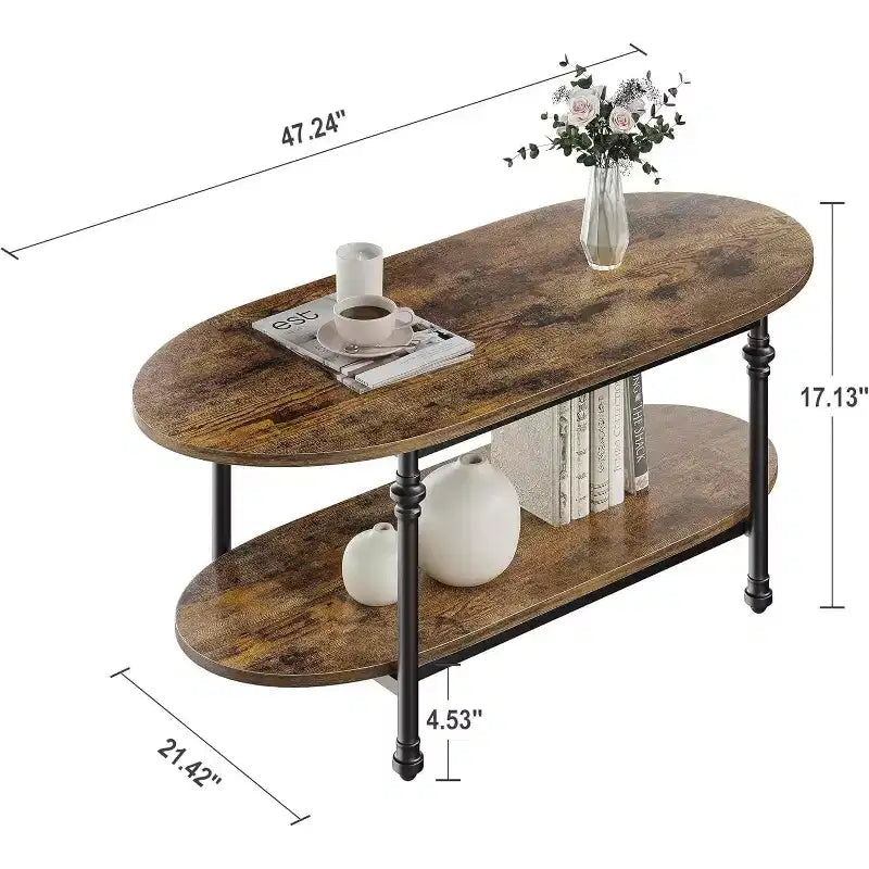 Tavolino da salotto, tavolino ovale a 2 livelli in legno con gambe in metallo a colonna romana e ripiano aperto, tavolino da cocktail industriale