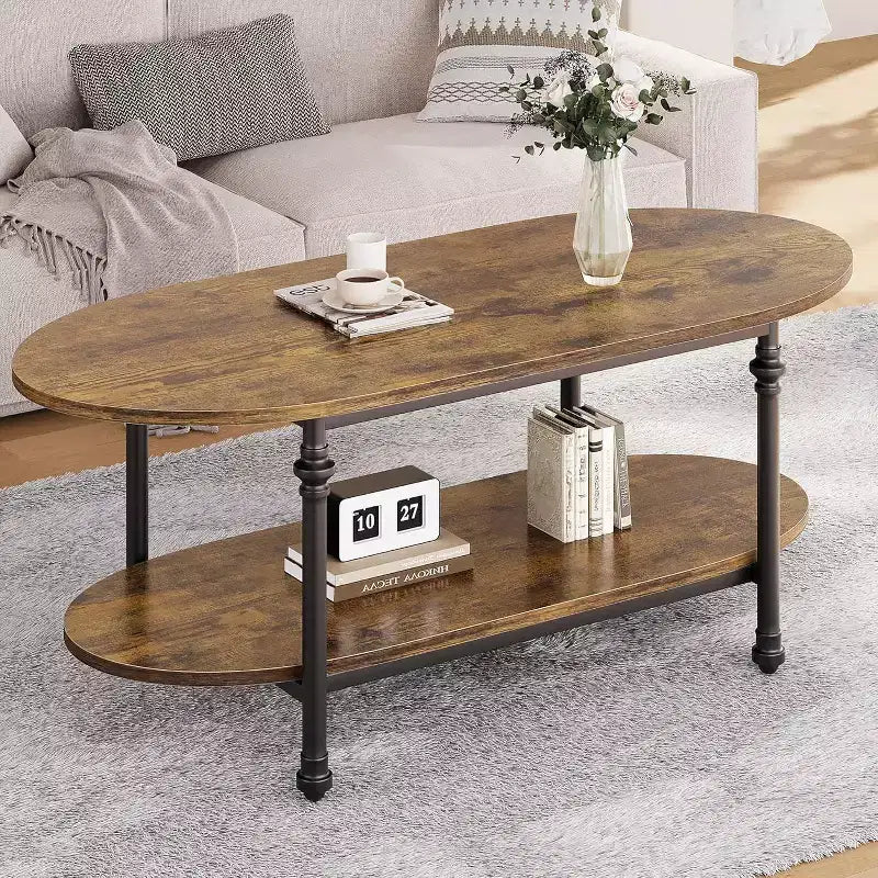 Tavolino da salotto, tavolino ovale a 2 livelli in legno con gambe in metallo a colonna romana e ripiano aperto, tavolino da cocktail industriale