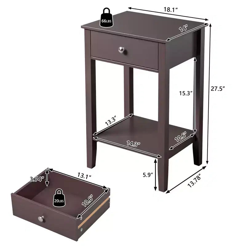 Comodino 1 cassetto in MDF marrone, larghezza 46 cm