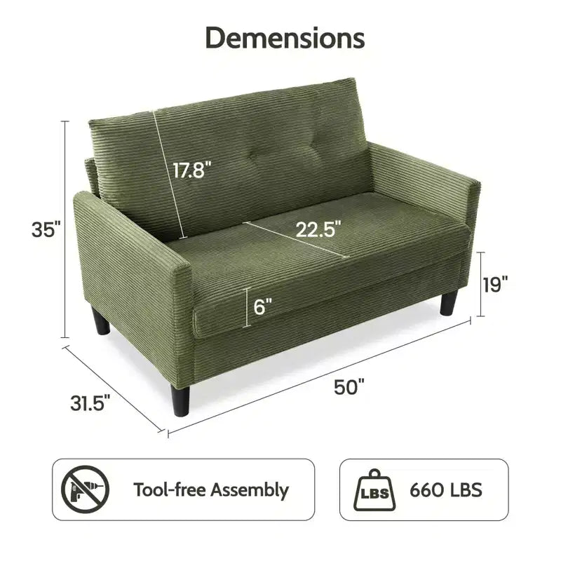 Divanetto a 2 posti in velluto a coste beige da 50" con struttura in legno massello per soggiorno, piccolo divanetto comodo con cuscino a molla profondo, montaggio senza attrezzi