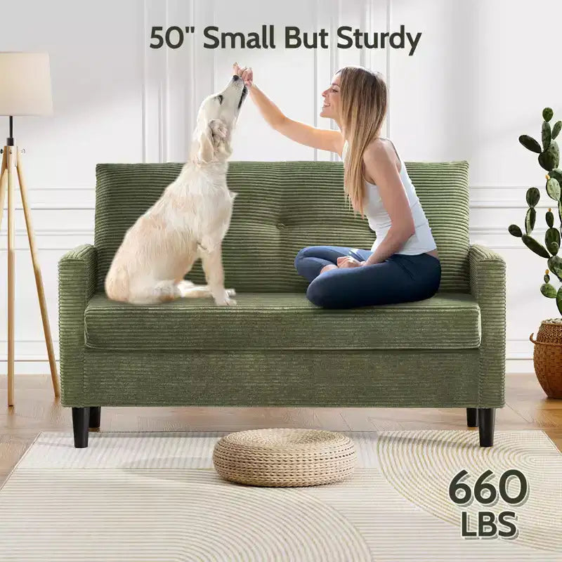 Divanetto a 2 posti in velluto a coste beige da 50" con struttura in legno massello per soggiorno, piccolo divanetto comodo con cuscino a molla profondo, montaggio senza attrezzi