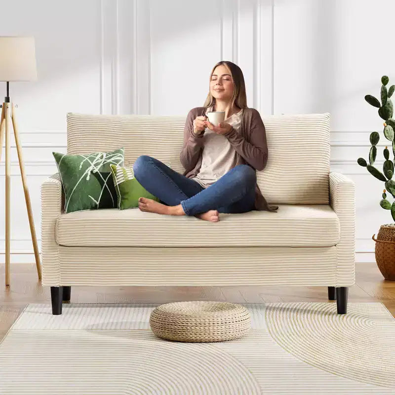 Divanetto a 2 posti in velluto a coste beige da 50" con struttura in legno massello per soggiorno, piccolo divanetto comodo con cuscino a molla profondo, montaggio senza attrezzi