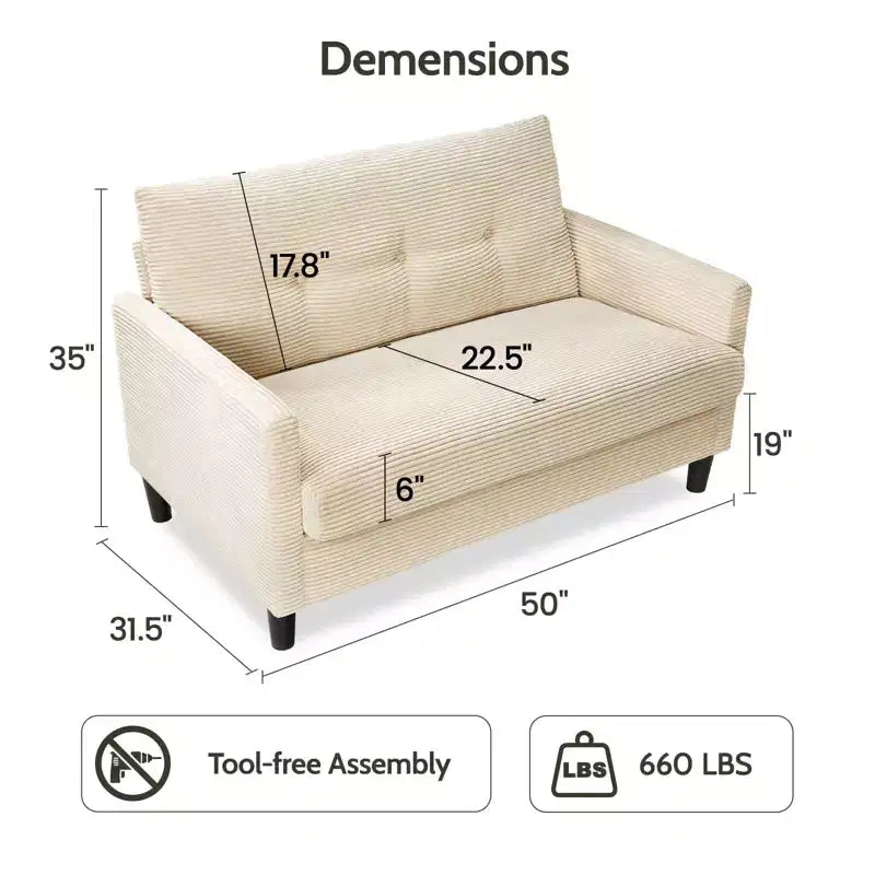 Divanetto a 2 posti in velluto a coste beige da 50" con struttura in legno massello per soggiorno, piccolo divanetto comodo con cuscino a molla profondo, montaggio senza attrezzi