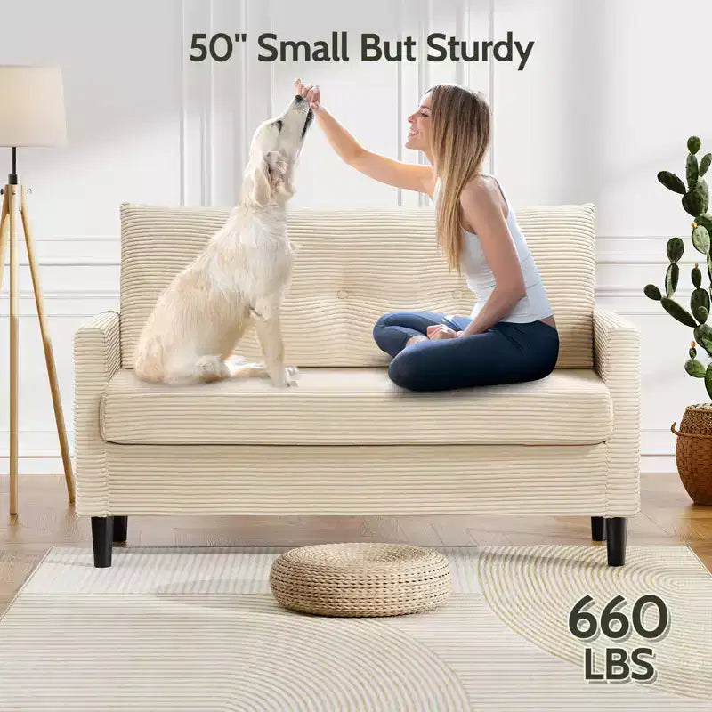 Divanetto a 2 posti in velluto a coste beige da 50" con struttura in legno massello per soggiorno, piccolo divanetto comodo con cuscino a molla profondo, montaggio senza attrezzi