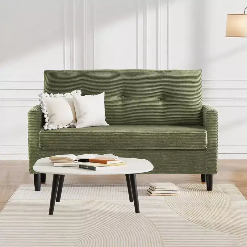 Divanetto a 2 posti in velluto a coste beige da 50" con struttura in legno massello per soggiorno, piccolo divanetto comodo con cuscino a molla profondo, montaggio senza attrezzi