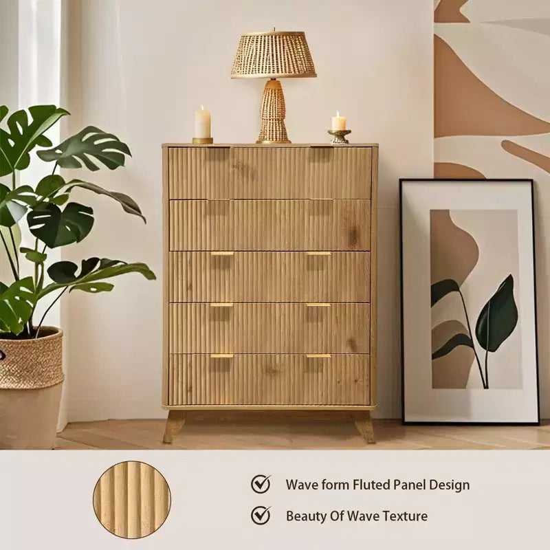 Cassettiera scanalata a 5 cassetti, cassettiera moderna alta 47 pollici, design a profilo curvo, organizer per cassetti in legno