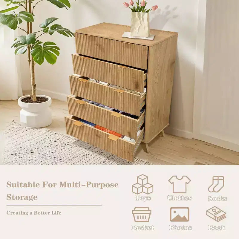 Cassettiera scanalata a 5 cassetti, cassettiera moderna alta 47 pollici, design a profilo curvo, organizer per cassetti in legno