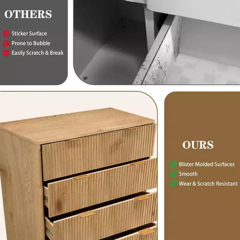 Cassettiera scanalata a 5 cassetti, cassettiera moderna alta 47 pollici, design a profilo curvo, organizer per cassetti in legno