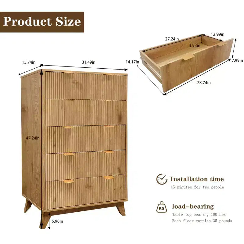 Cassettiera scanalata a 5 cassetti, cassettiera moderna alta 47 pollici, design a profilo curvo, organizer per cassetti in legno