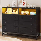 Zstar 47.2 In 6 Drawer Dresser for Bedroom with LED Lights & Charging Station