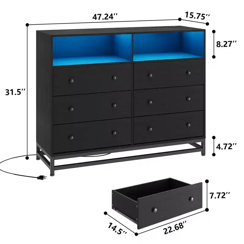Cassettiera 47,2 pollici a 6 cassetti per camera da letto con luci LED e stazione di ricarica