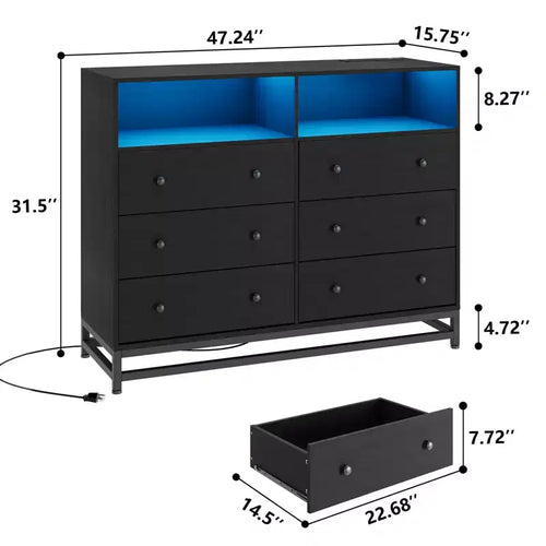 Cassettiera 47,2 pollici a 6 cassetti per camera da letto con luci LED e stazione di ricarica