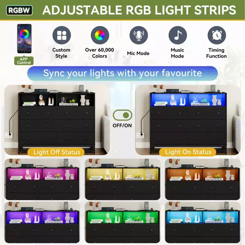 Cassettiera 47,2 pollici a 6 cassetti per camera da letto con luci LED e stazione di ricarica